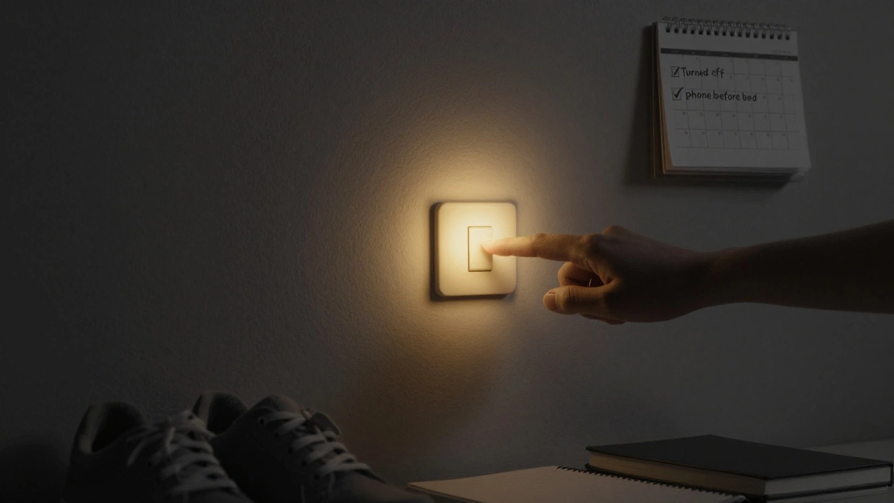 A hand flipping a light switch as warm light fills a dark room, symbolizing simple action.