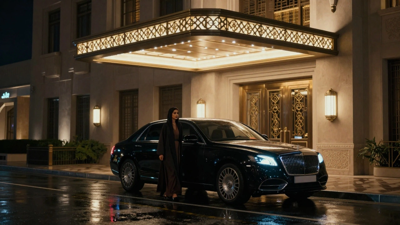Discreet private car at luxury hotel entrance in Dubai, woman in abaya stepping out under soft lights, rainy night.