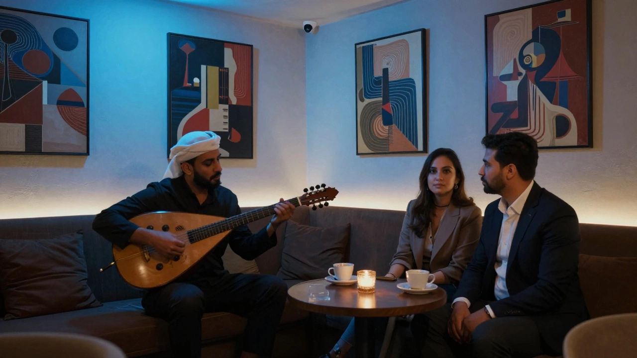 Intimate couple listening to live oud music in a hidden Dubai lounge, ambient neon glow, contemporary art on walls.