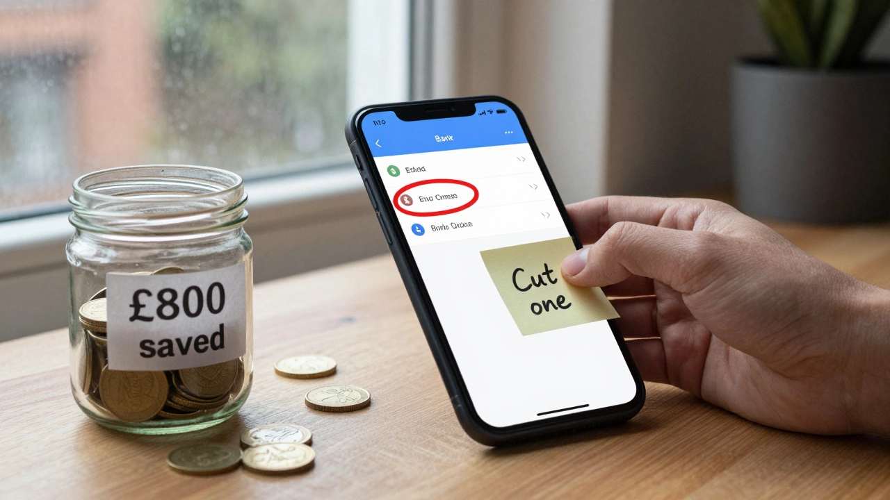Smartphone showing bank app with circled expenses and a savings jar beside it.